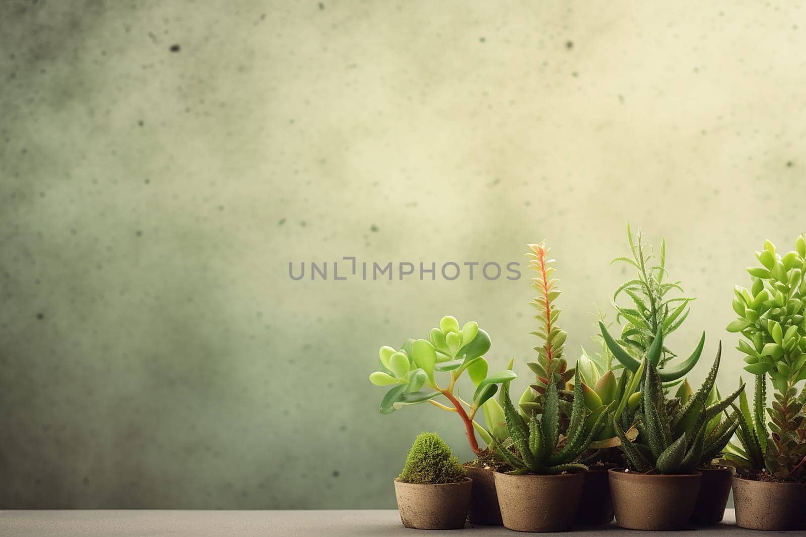Assortment of potted succulent plants against a textured background.