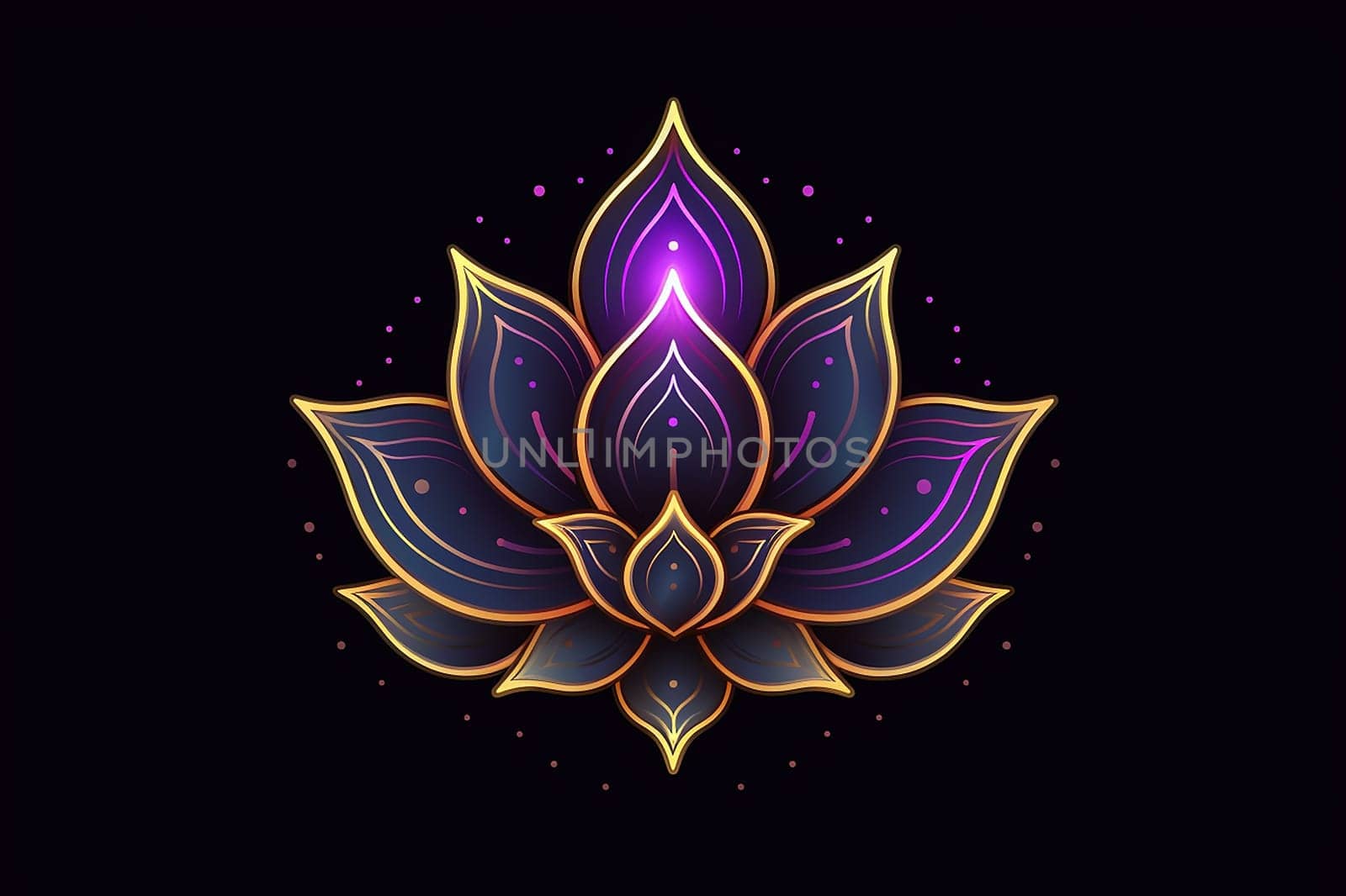 Stylized lotus illustration with vibrant colors and neon outline on dark background by Hype2art