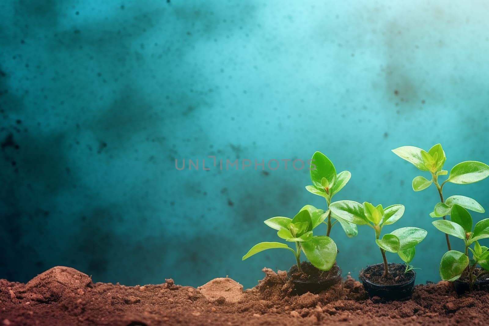 Small plants growing in soil against a blue background.