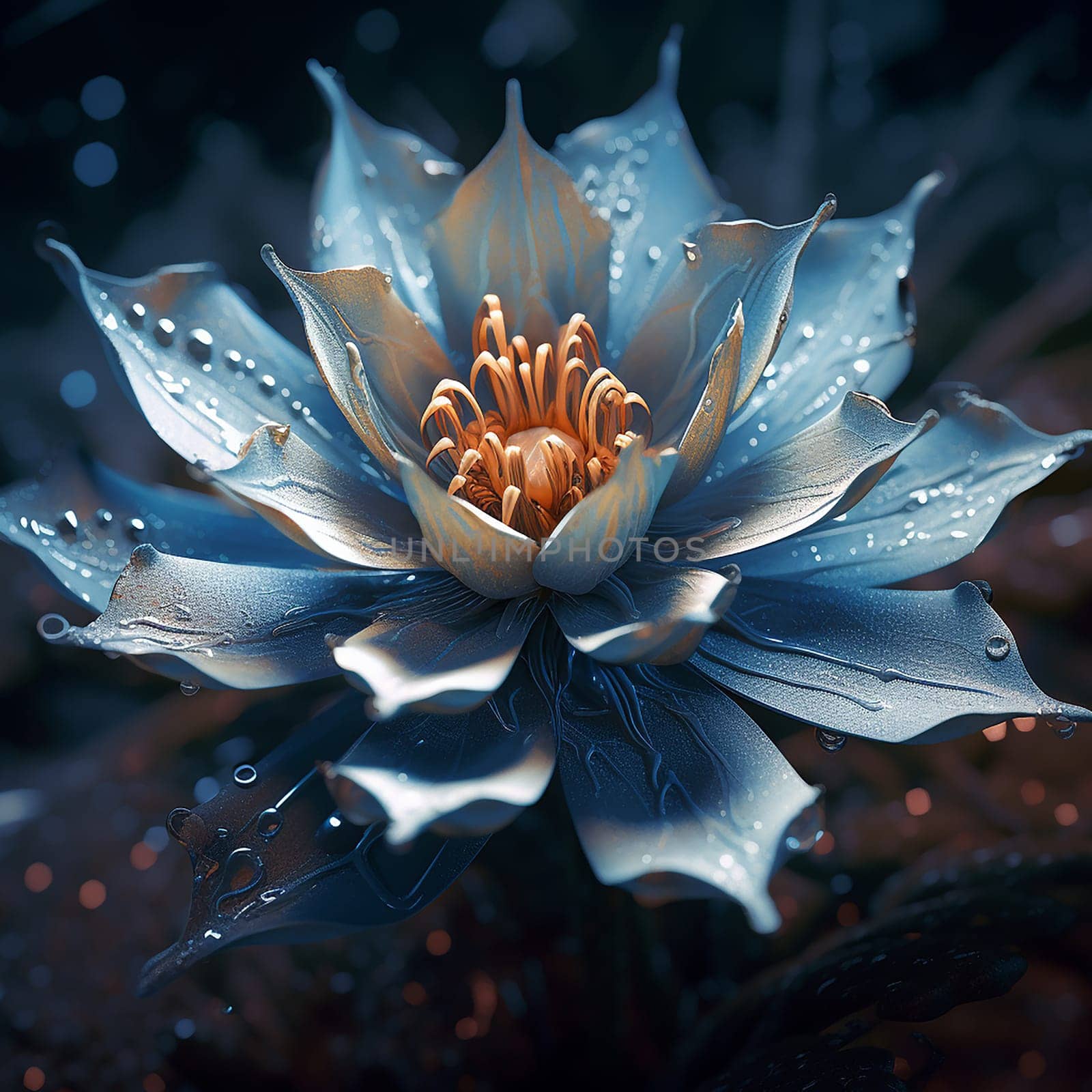 A close up of a blue flower with dew drops. by Hype2art
