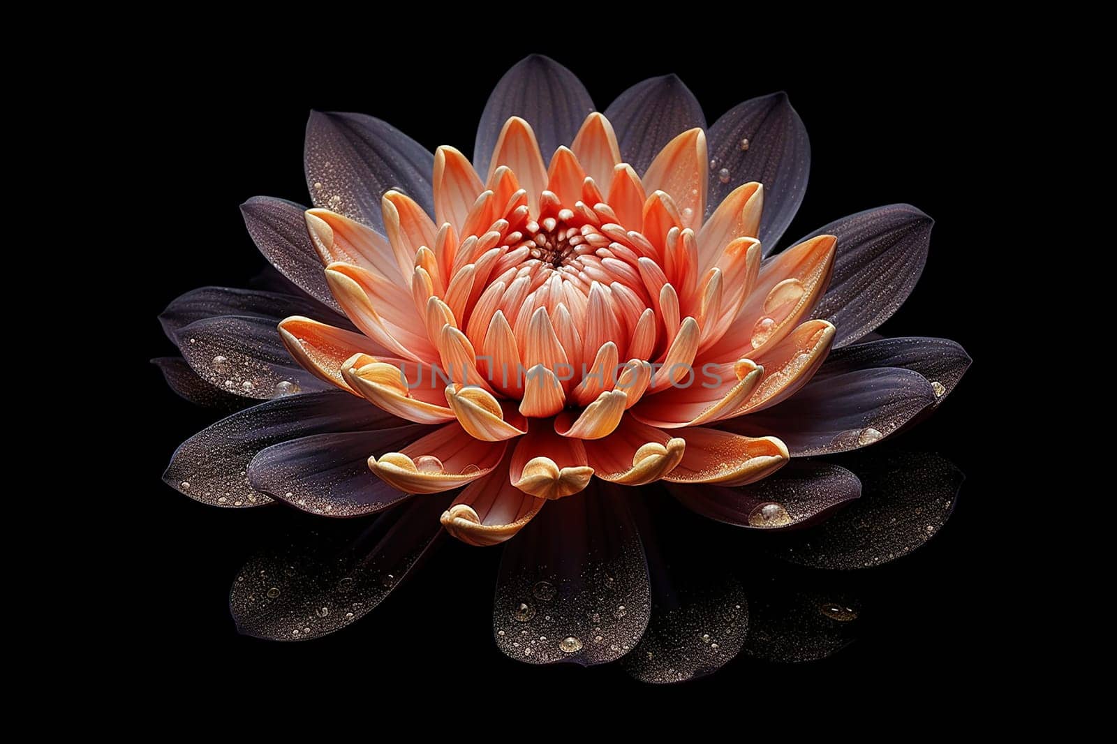 A vibrant orange flower with water droplets against a black background.