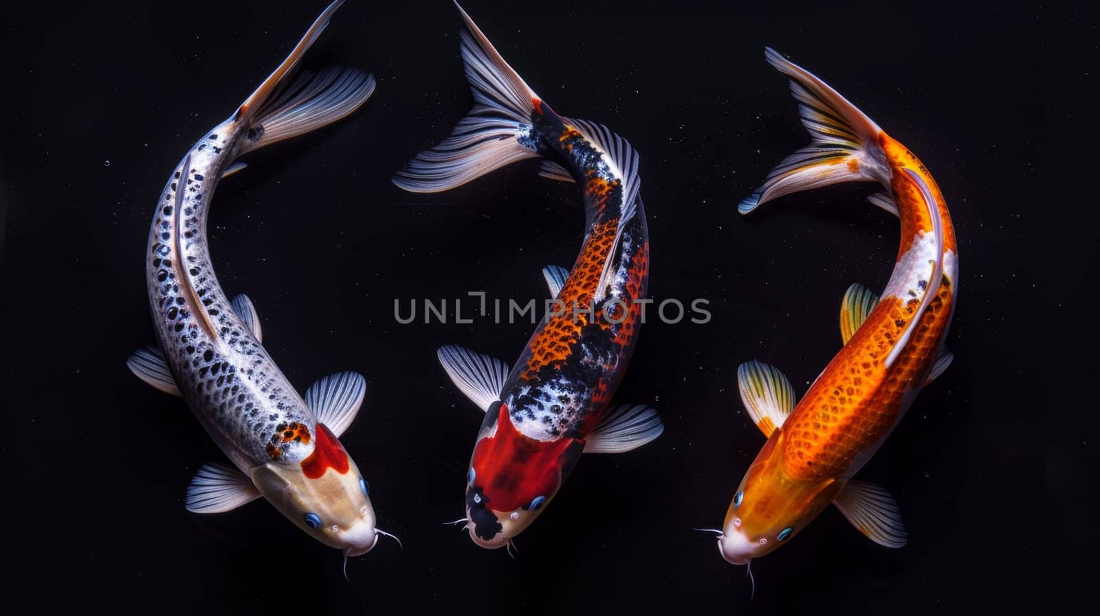 Three koi fish swimming in a dark water surface