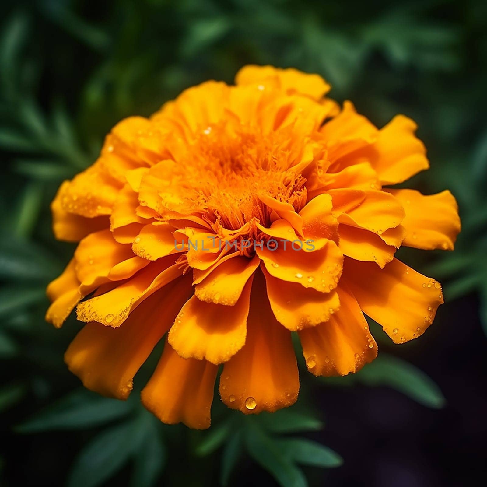 Close-up of a vibrant orange marigold with water droplets against a dark background.