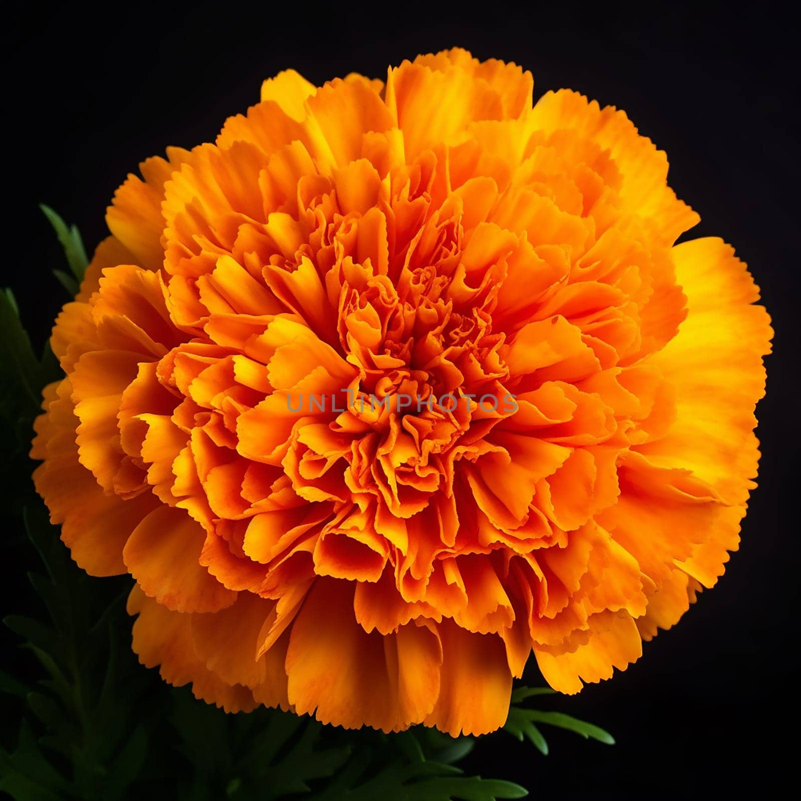 Vibrant orange marigold flower against a black background. by Hype2art