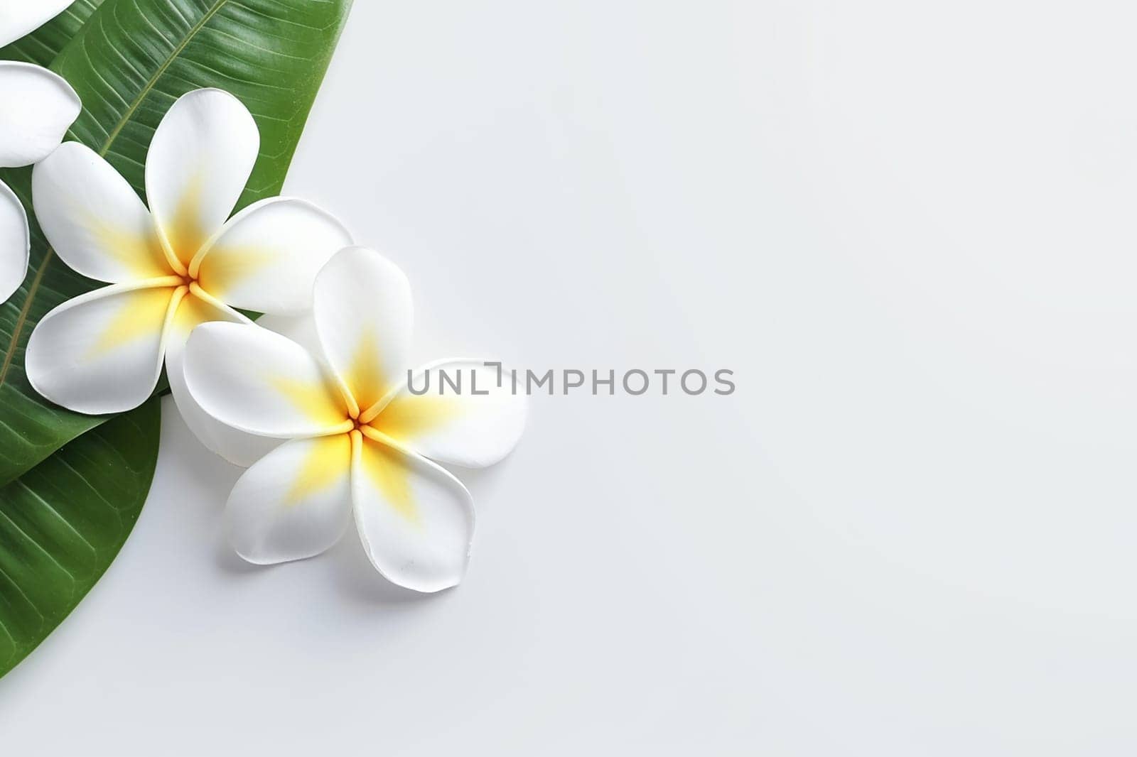 Two white and yellow plumeria flowers beside a green leaf on white background. by Hype2art