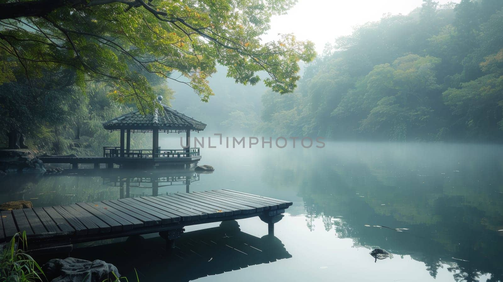 A pier on a lake with trees and water in the background