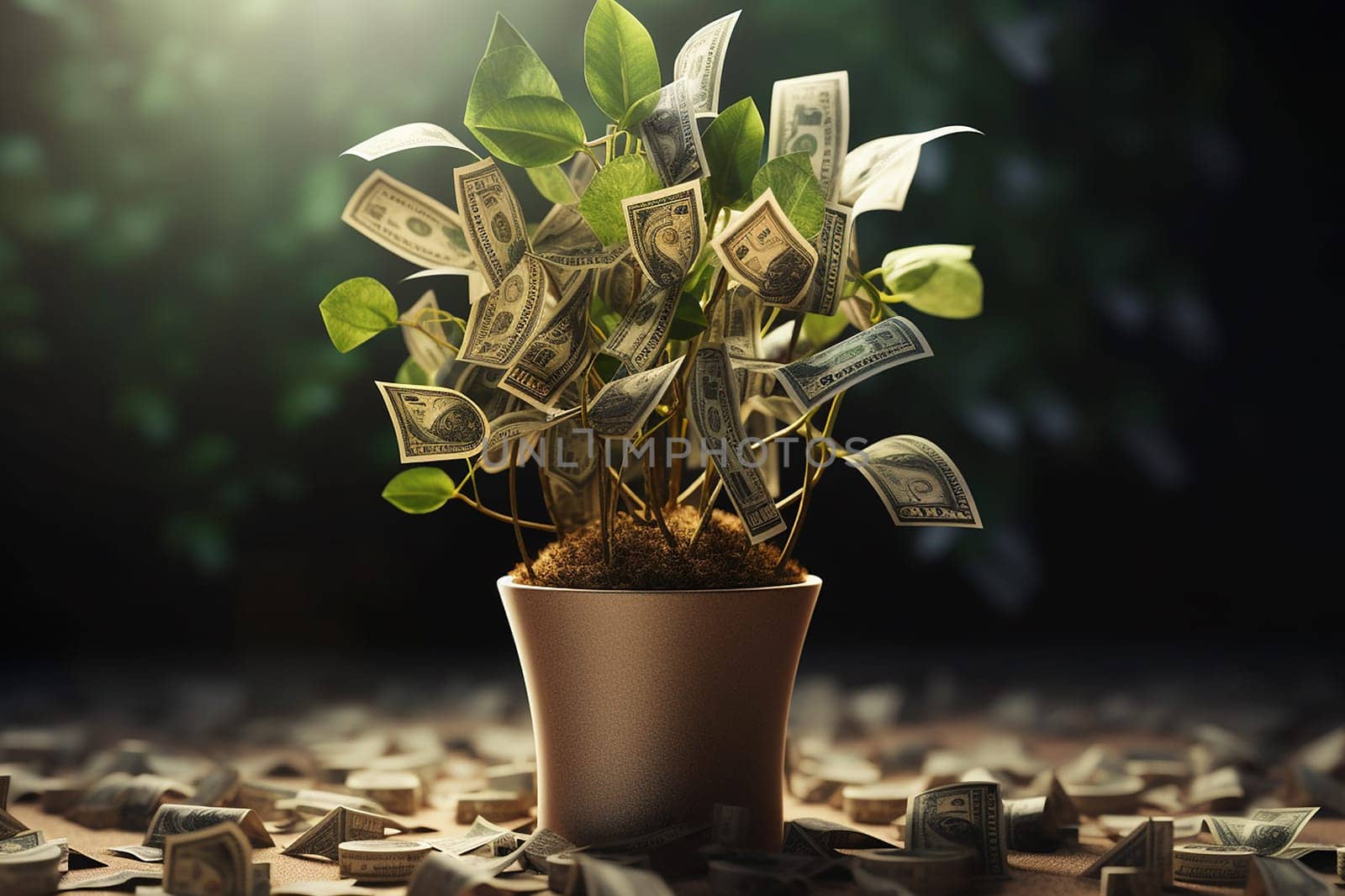 A plant with dollar bills as leaves, symbolizing investment growth.