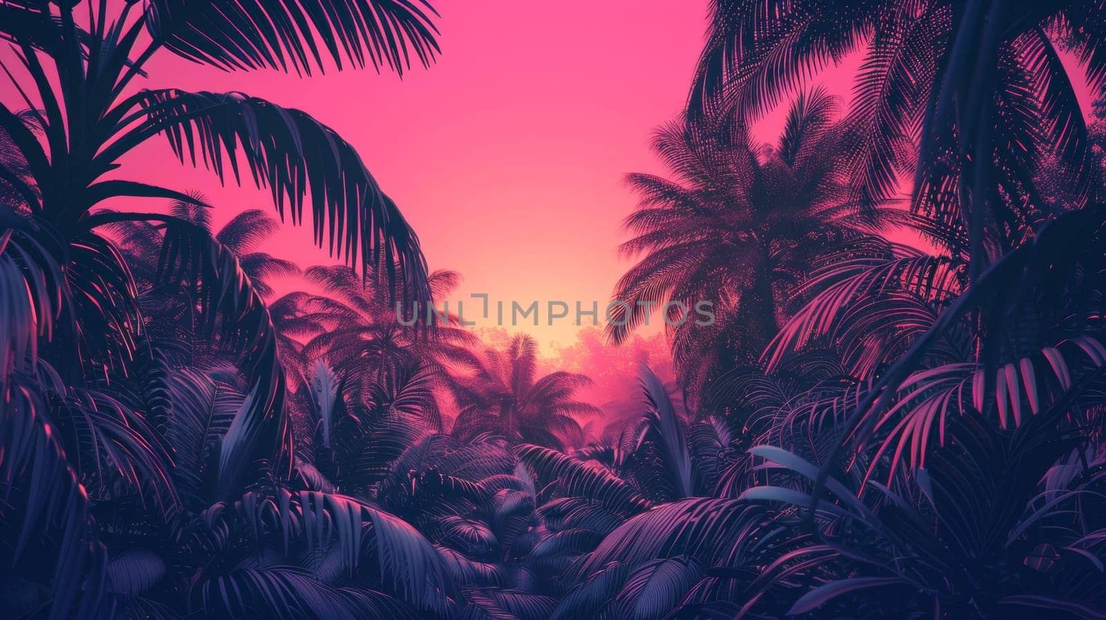 A pink and purple sunset with a jungle scene in the background