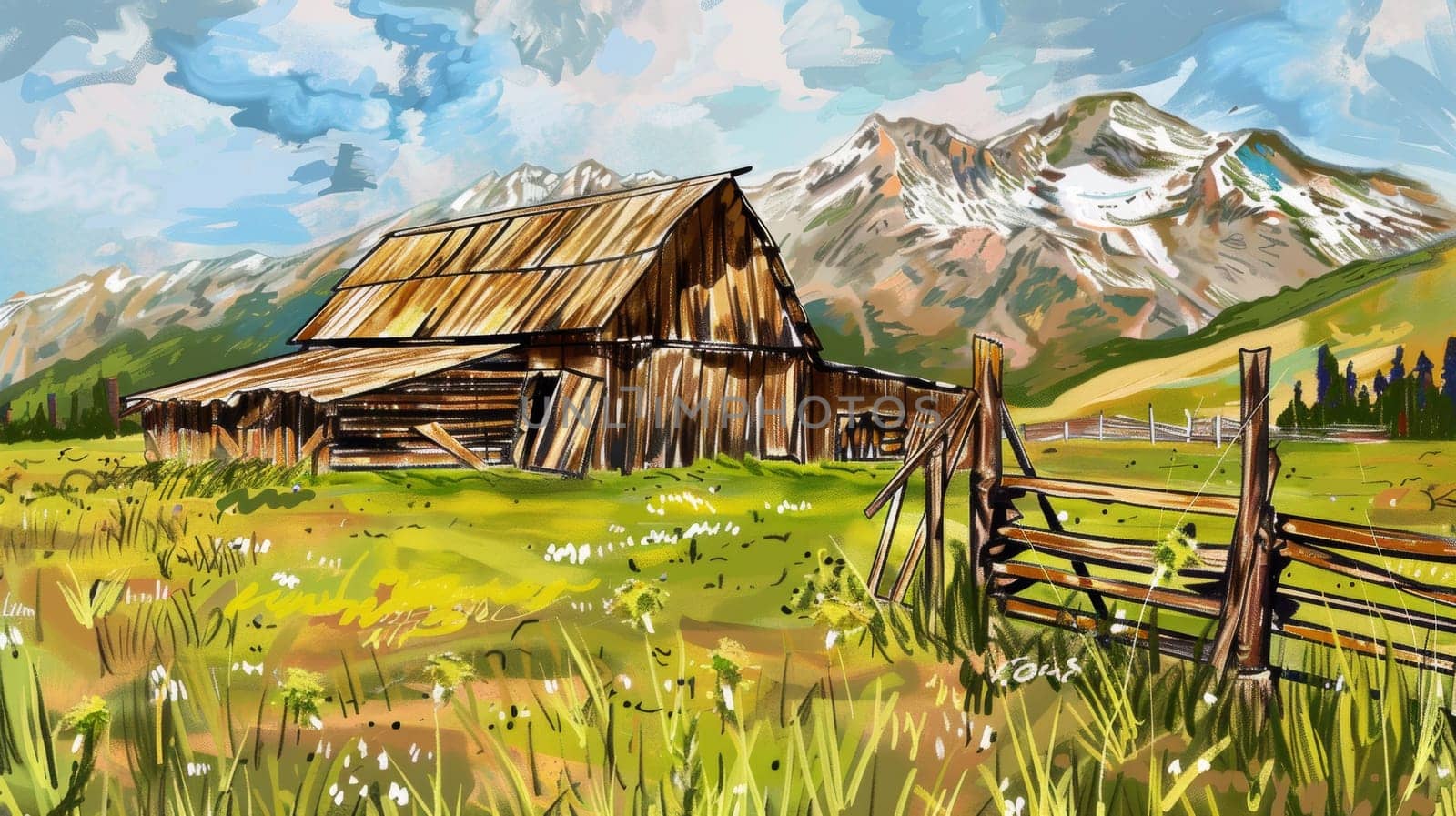 A painting of a barn in the mountains with snow on it