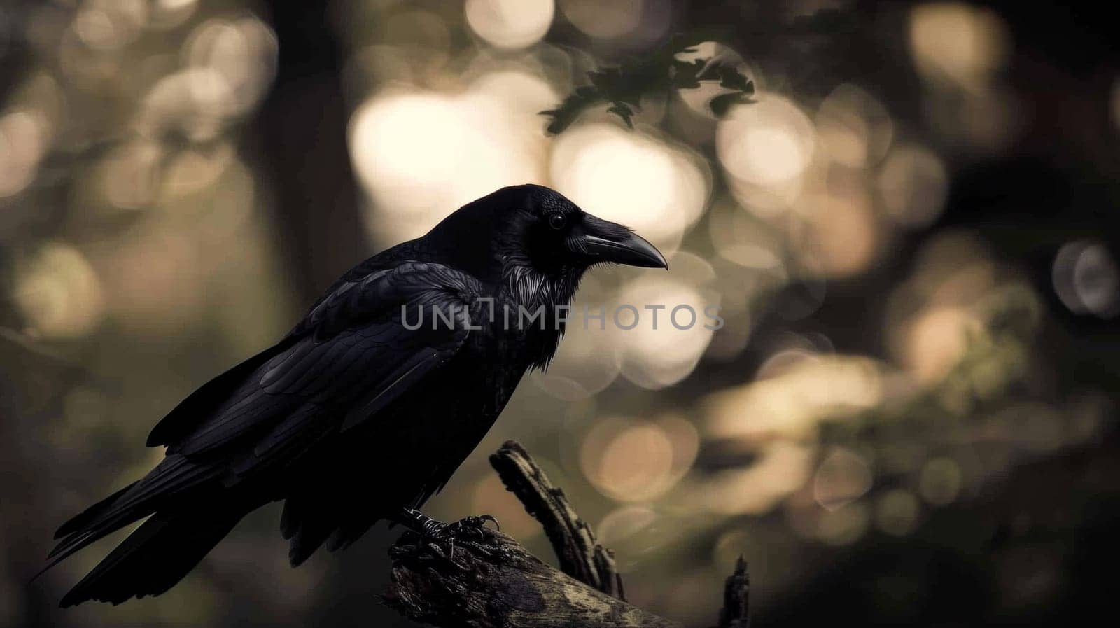 A black bird perched on a branch in the woods