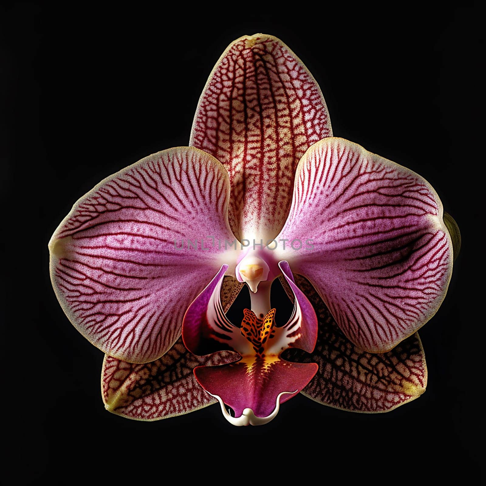 A single orchid with intricate pink and purple patterns on a black background by Hype2art