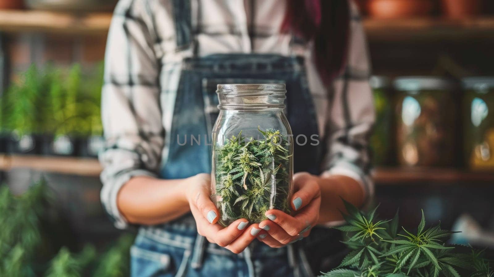 A woman holding a jar of marijuana plants