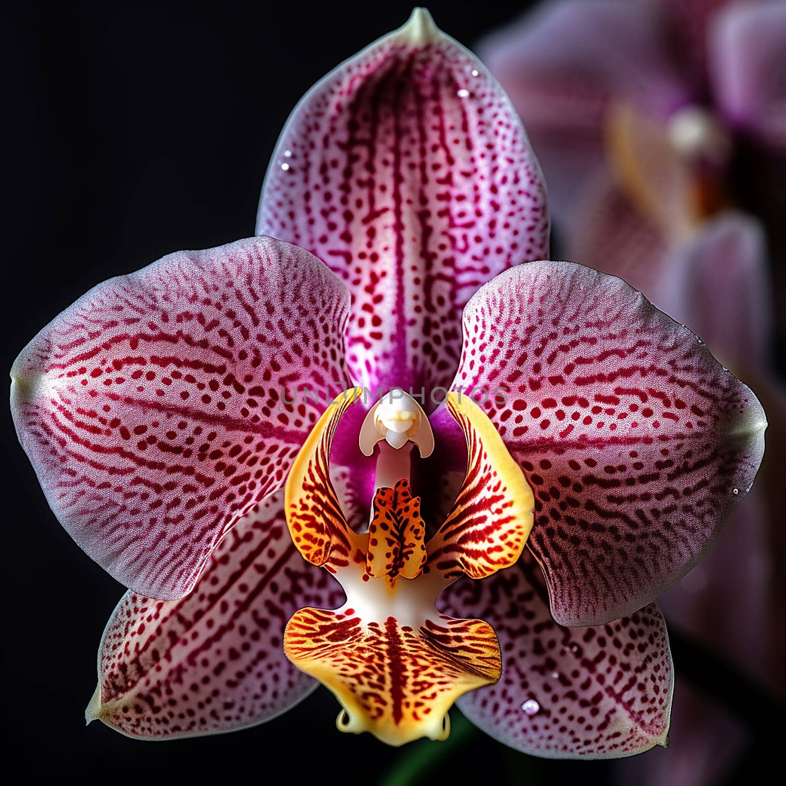 Close-up of a spotted pink and white orchid with a dark background