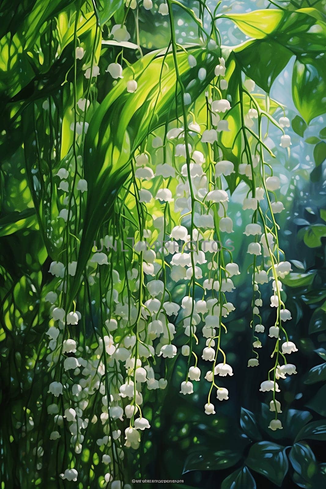 Delicate white flowers hanging amongst lush green foliage bathed in dappled sunlight.