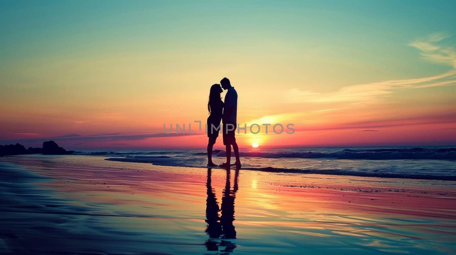 A couple standing on a beach at sunset with the ocean in front of them