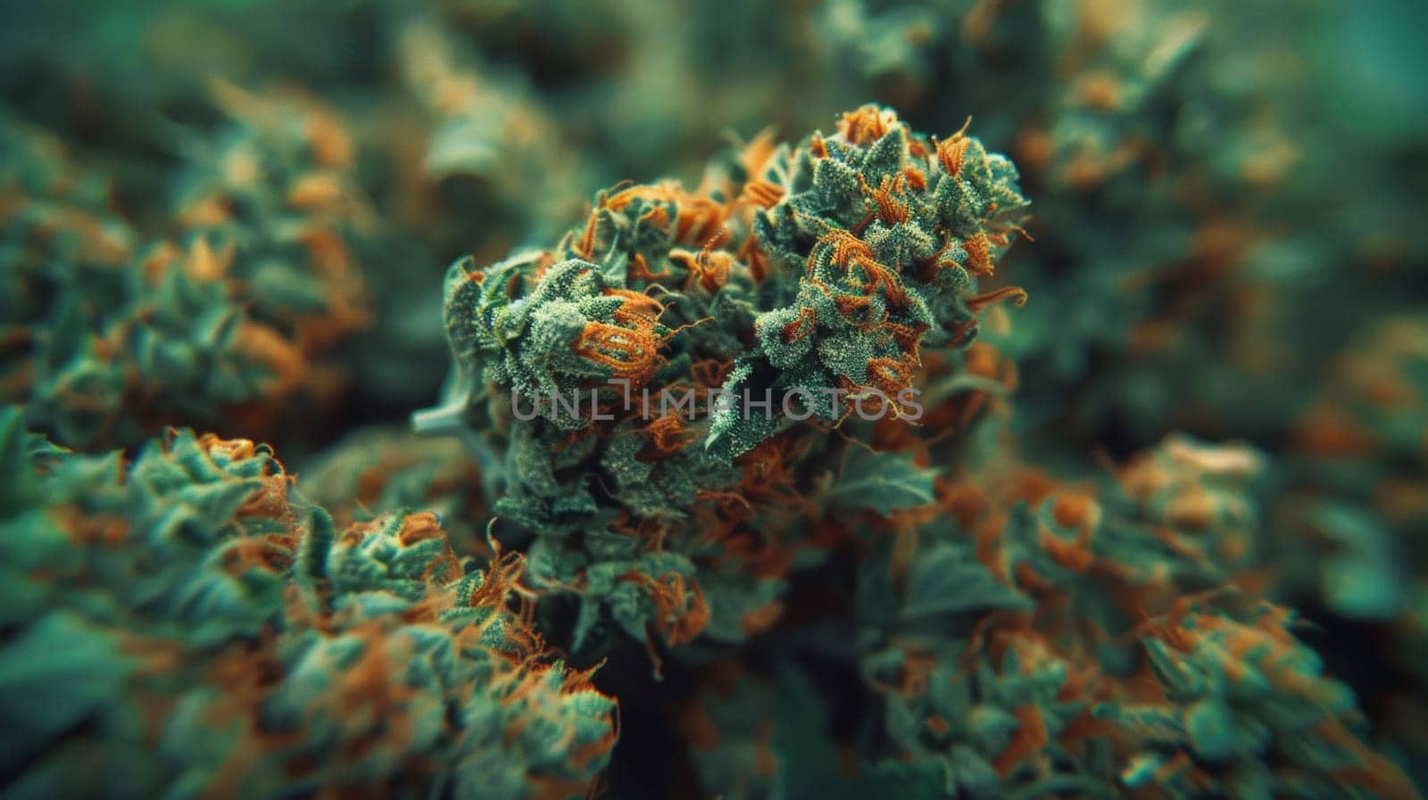 A close up of a marijuana plant with orange and green leaves