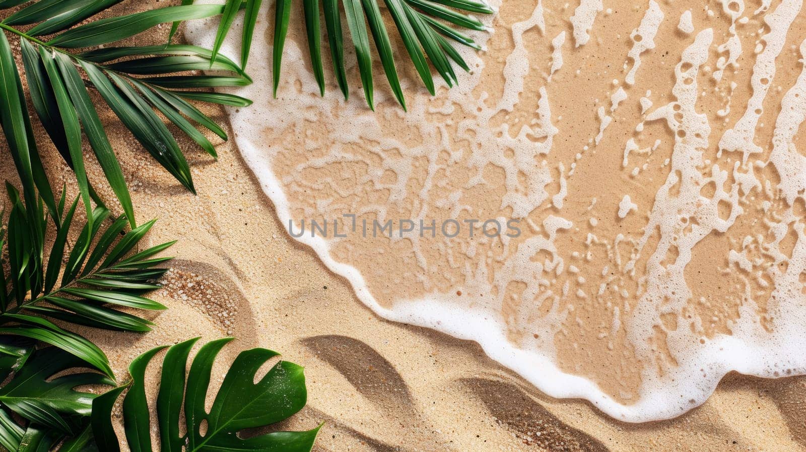 A close up of a beach with some palm leaves and water