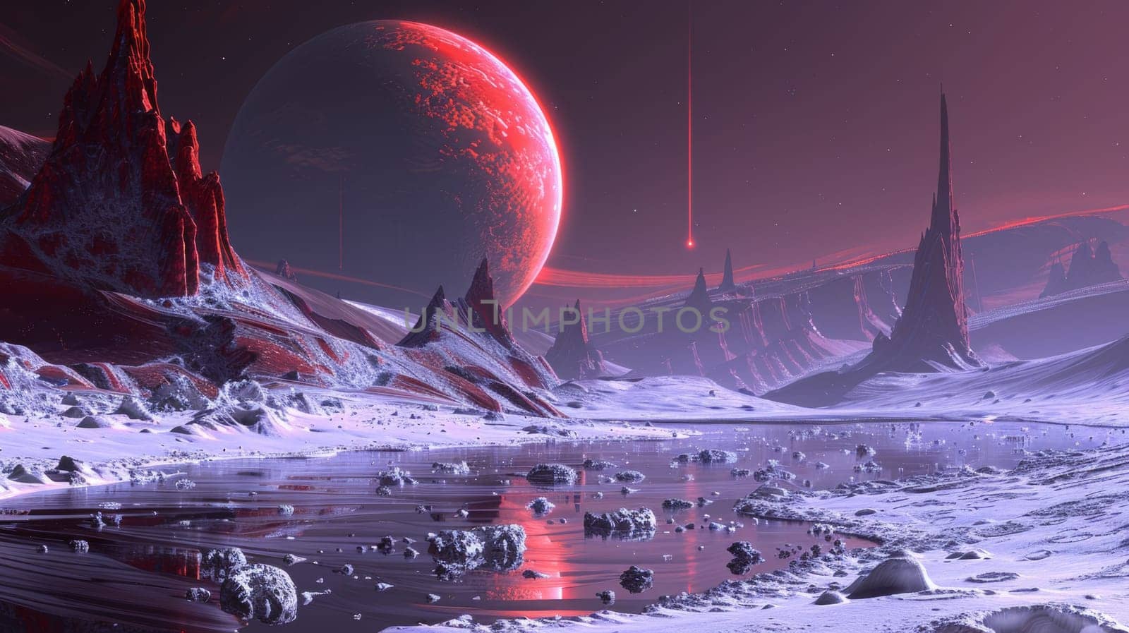 A red planet with a moon in the background and snow