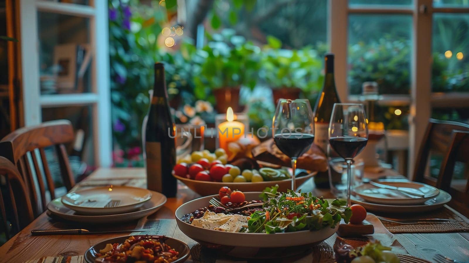 A table with a bowl of food and wine glasses on it