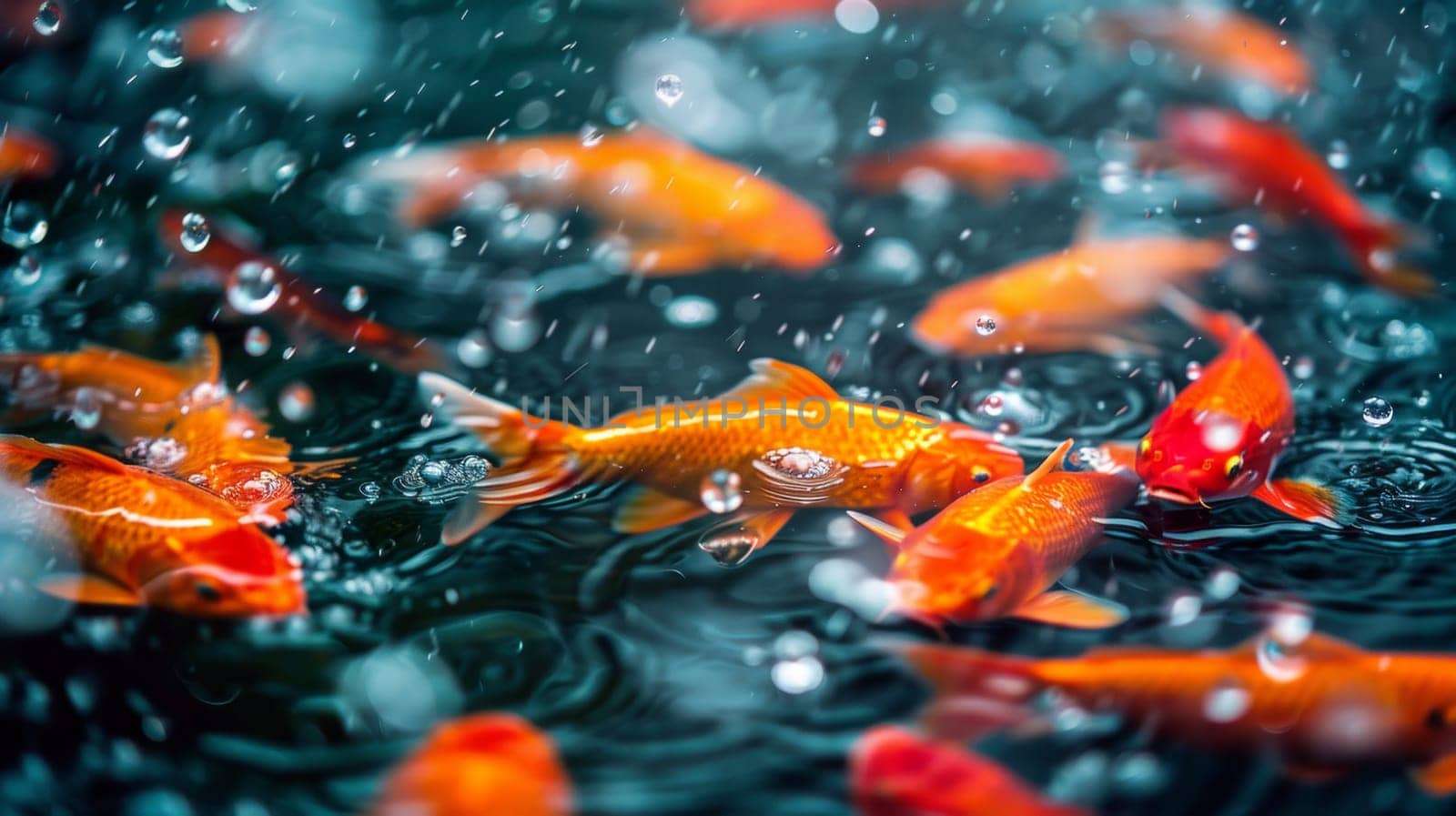 A group of goldfish swimming in a pond with raindrops