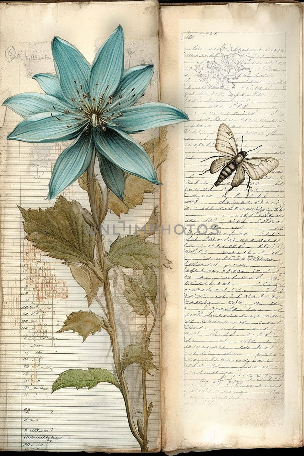 Vintage botanical illustration featuring a blue flower and a butterfly with handwritten notes. by Hype2art