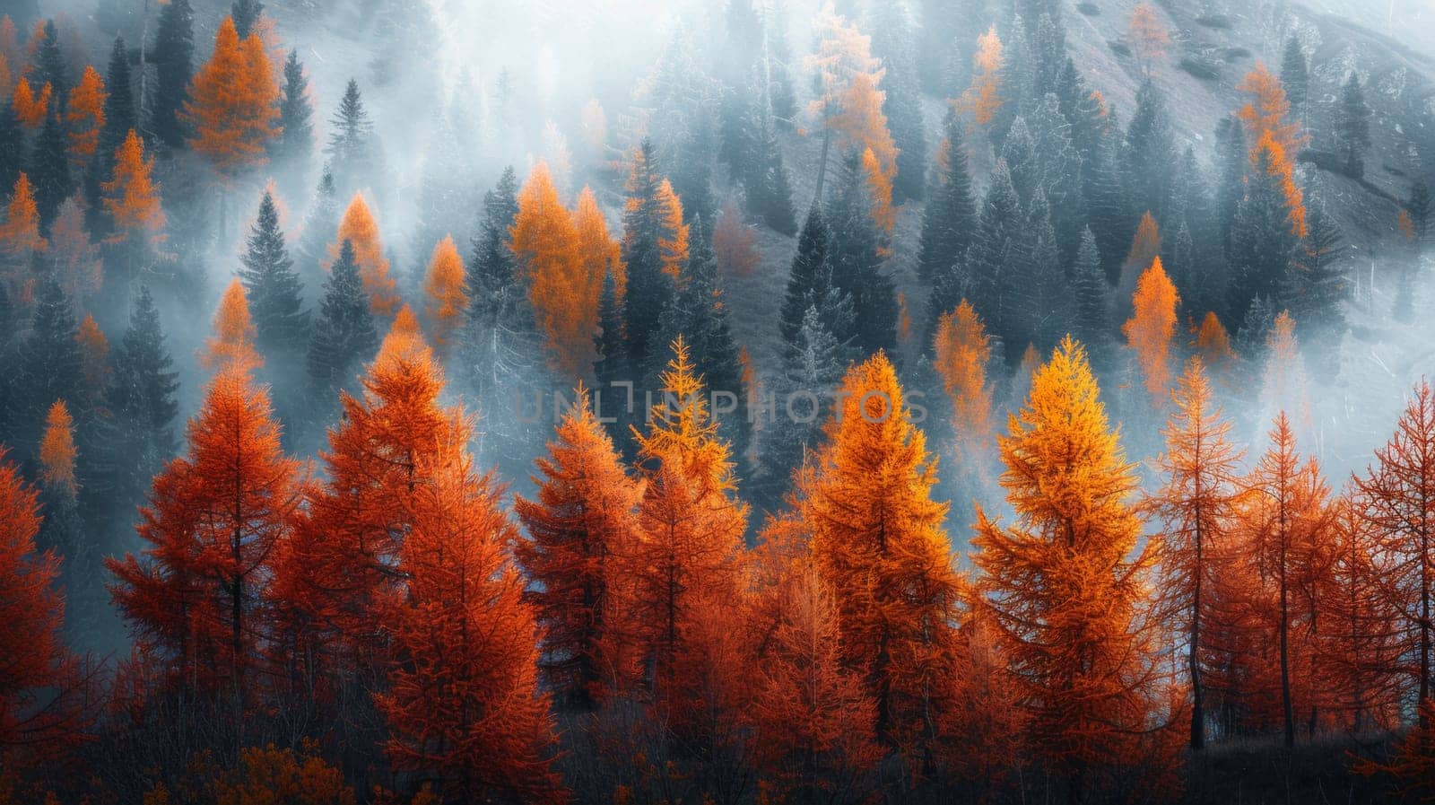 A forest of trees with orange and red leaves in the fog