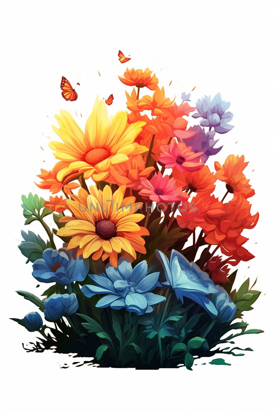 Vibrant illustration of various colorful flowers with a butterfly. by Hype2art