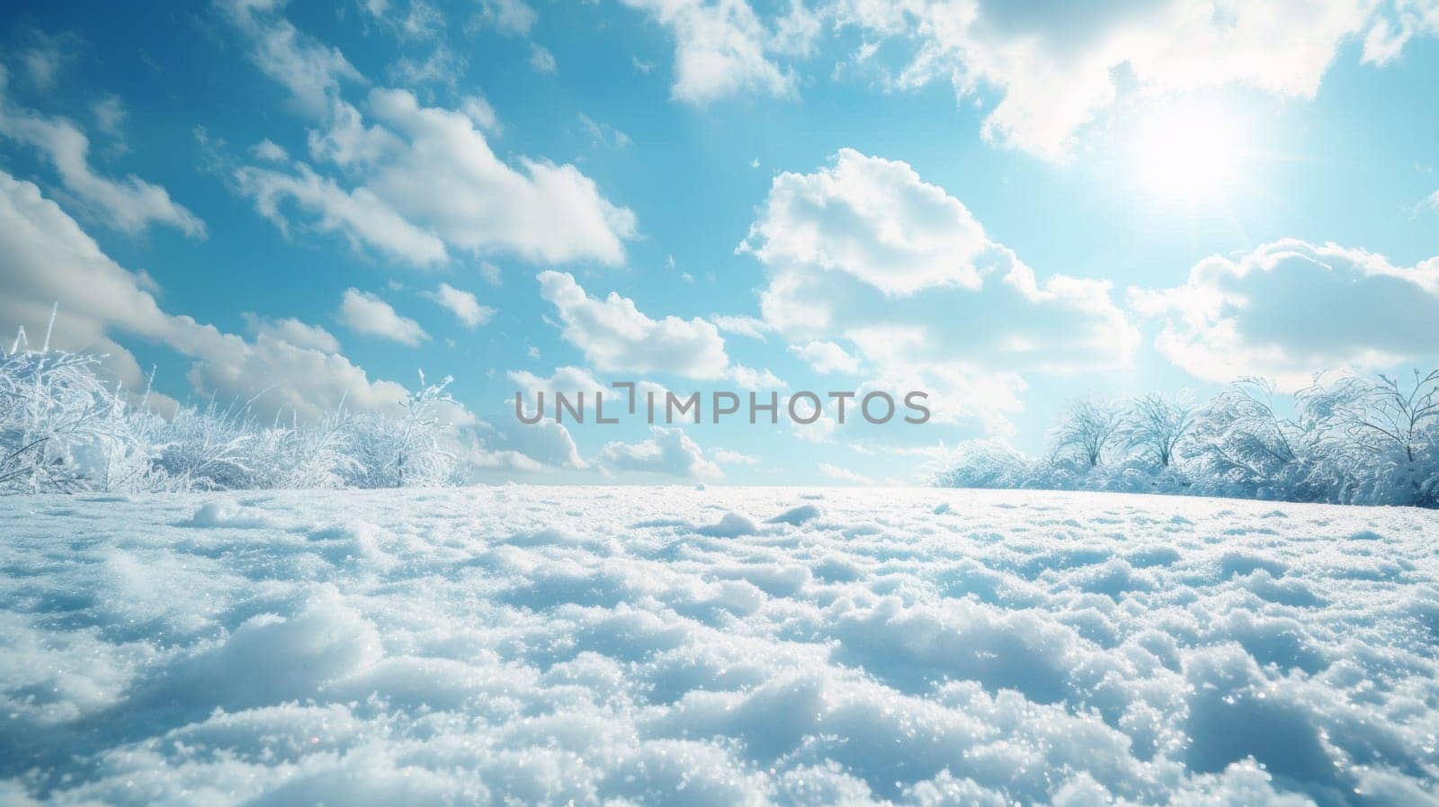 A snow covered field with a blue sky and sun in the background