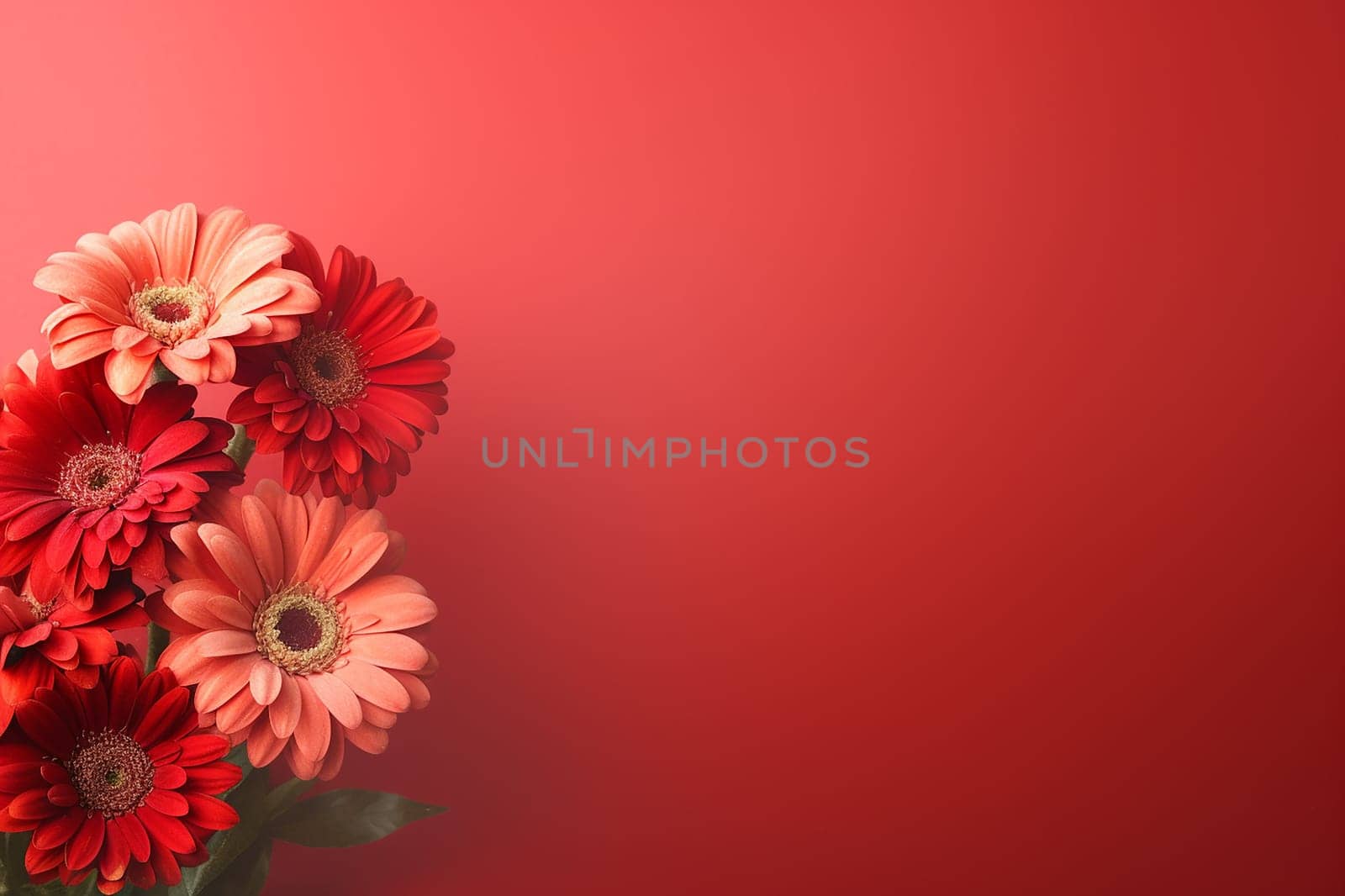 A bouquet of pink gerbera flowers against a red background.