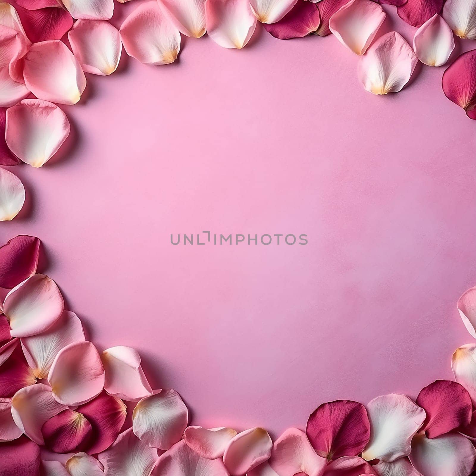 Pink background framed by rose petals, perfect for romantic occasions.