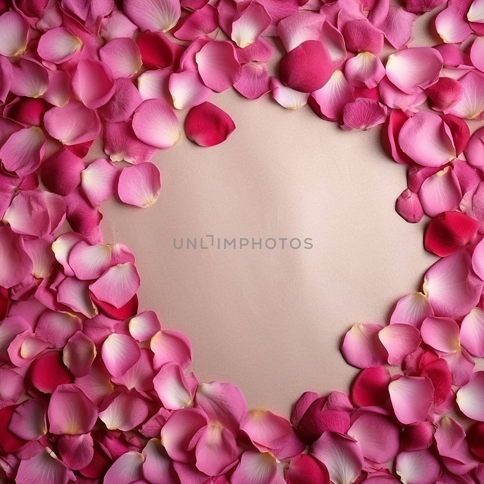 Assortment of pink rose petals forming a border on a beige background. by Hype2art