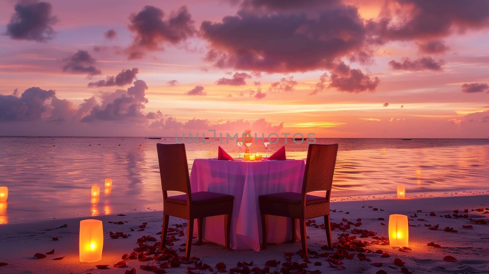 A table set for two on the beach with candles lit
