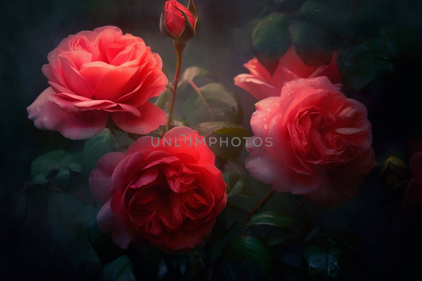 Beautiful pink roses in a misty, enchanting garden setting. by Hype2art