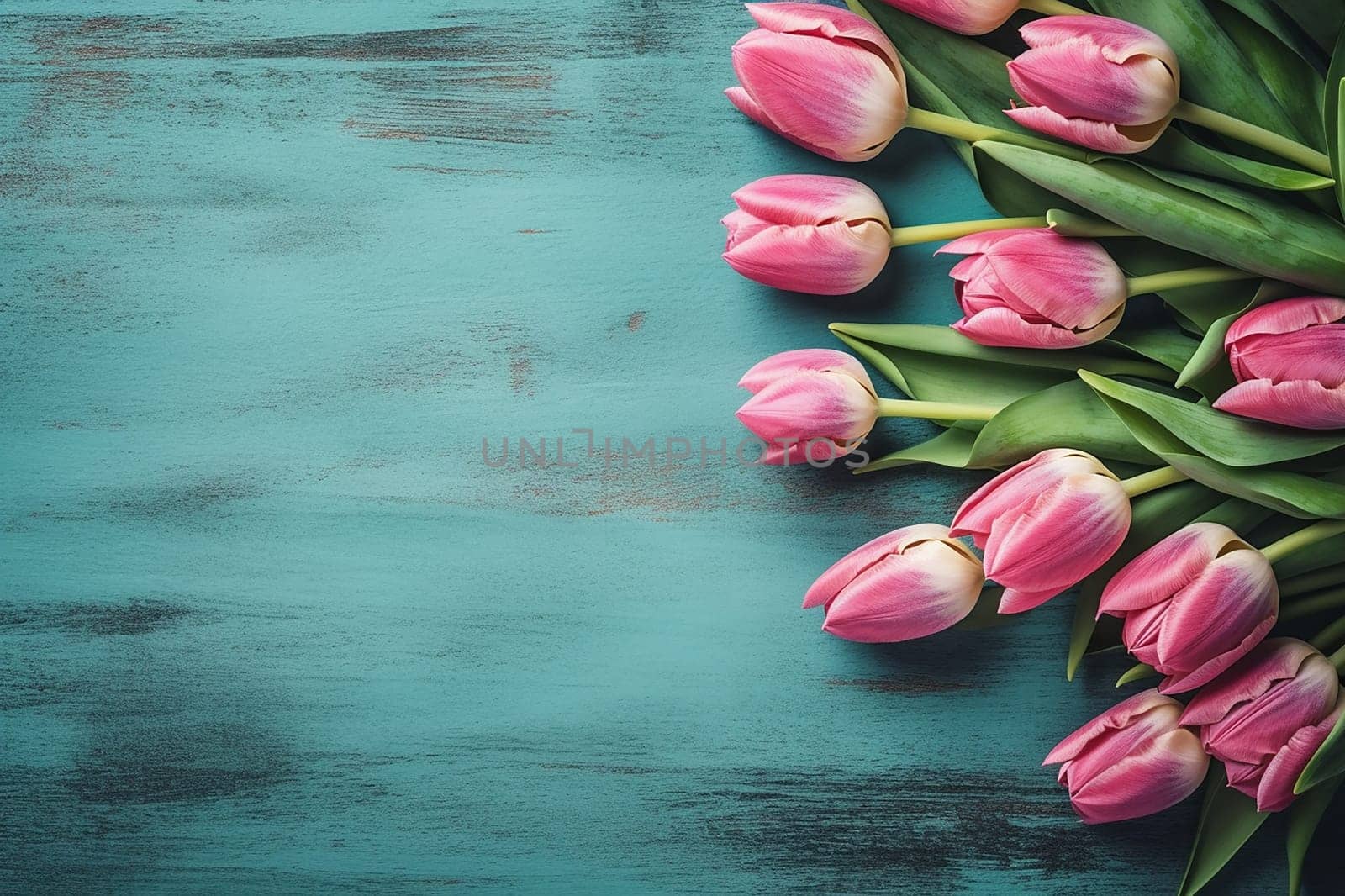 A bunch of pink tulips resting on a turquoise wooden surface. by Hype2art