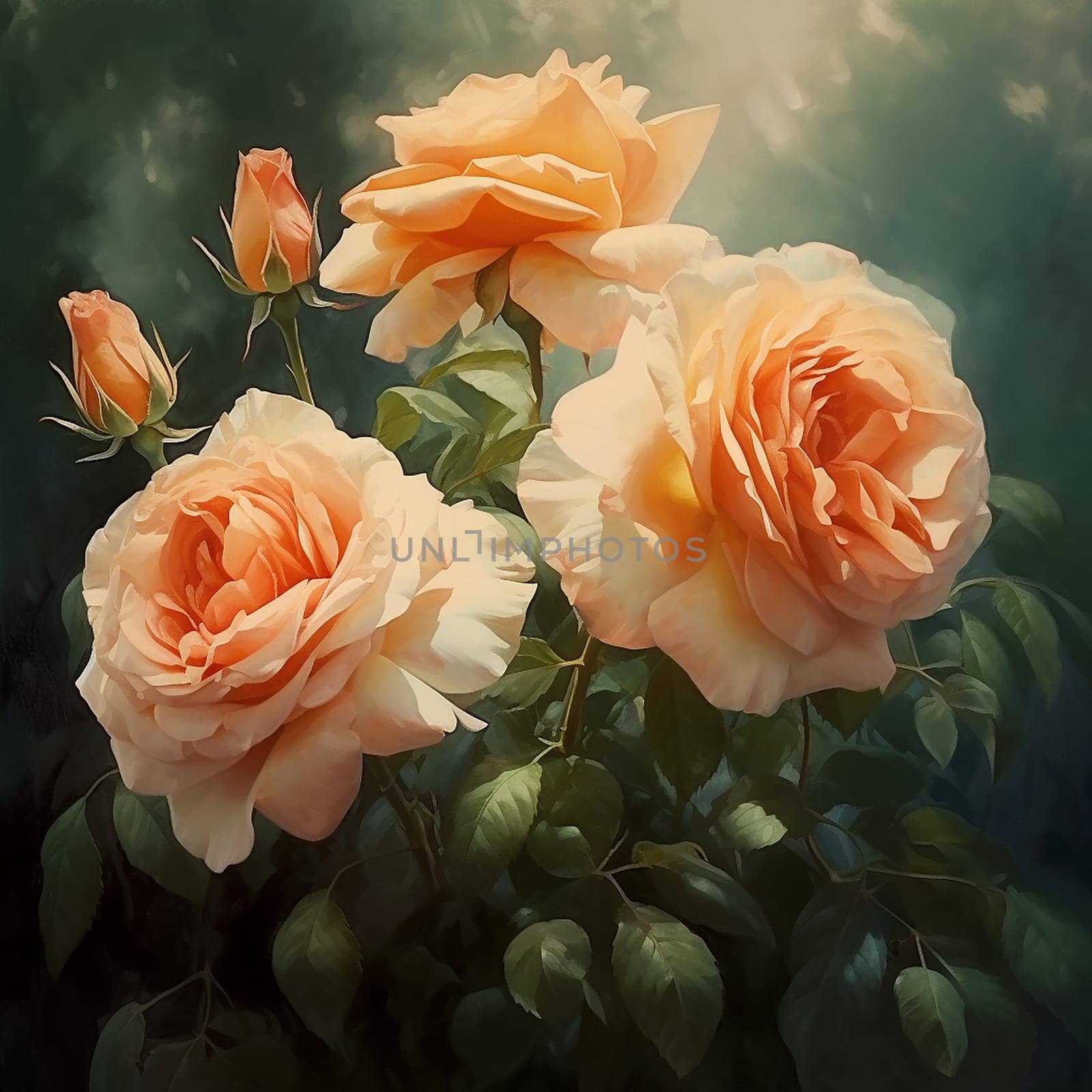 A digital painting of vibrant orange roses amidst lush green foliage. by Hype2art