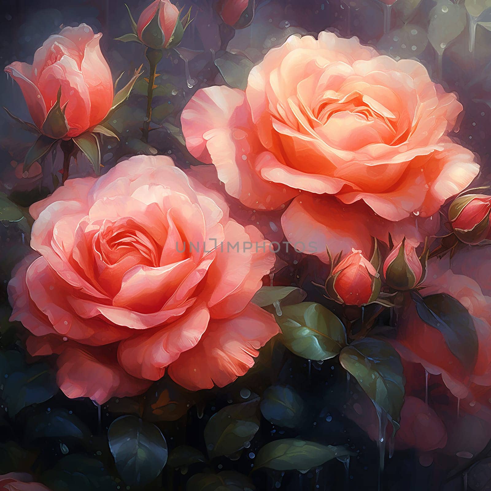 Vibrant pink roses in bloom with water droplets on petals and leaves. by Hype2art