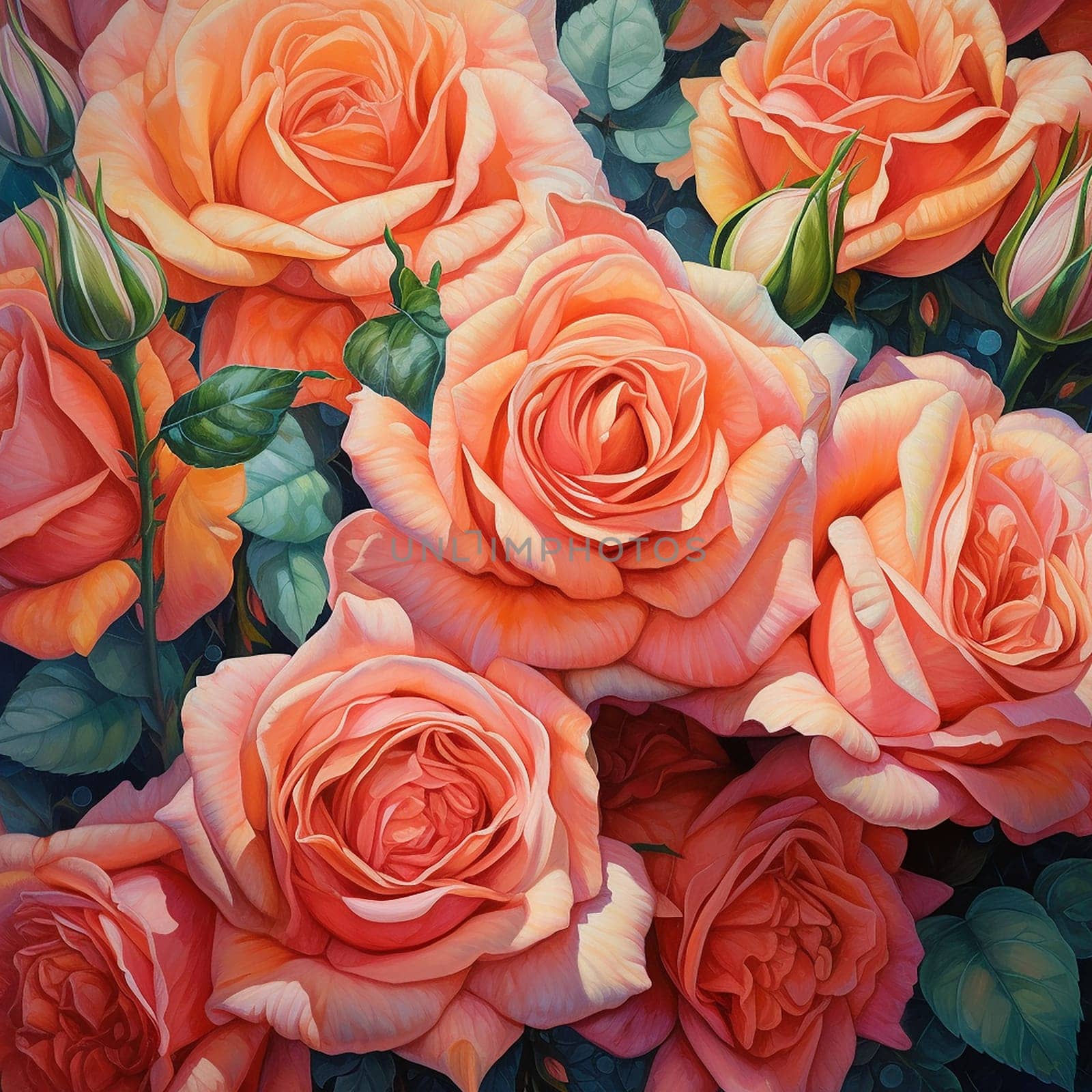 Close up of vibrant peach colored roses in a lush arrangement. by Hype2art