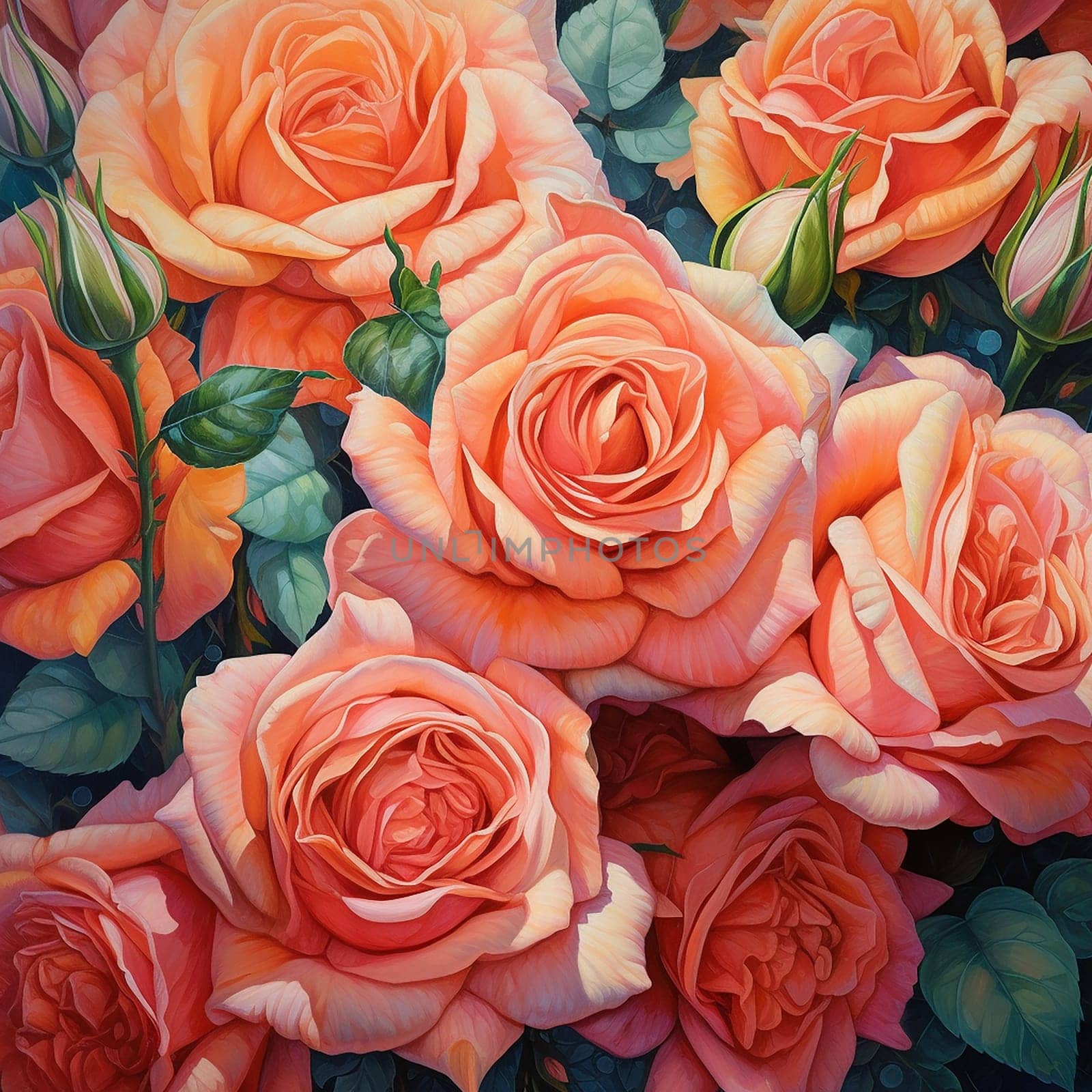 Close-up of vibrant peach-colored roses in a lush arrangement.