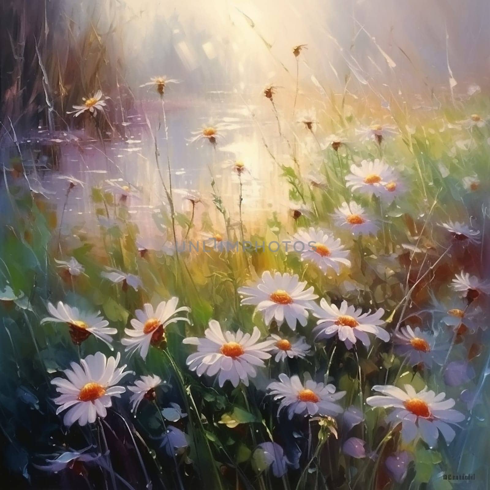 Impressionistic painting of a field with blooming daisies and a hazy background.