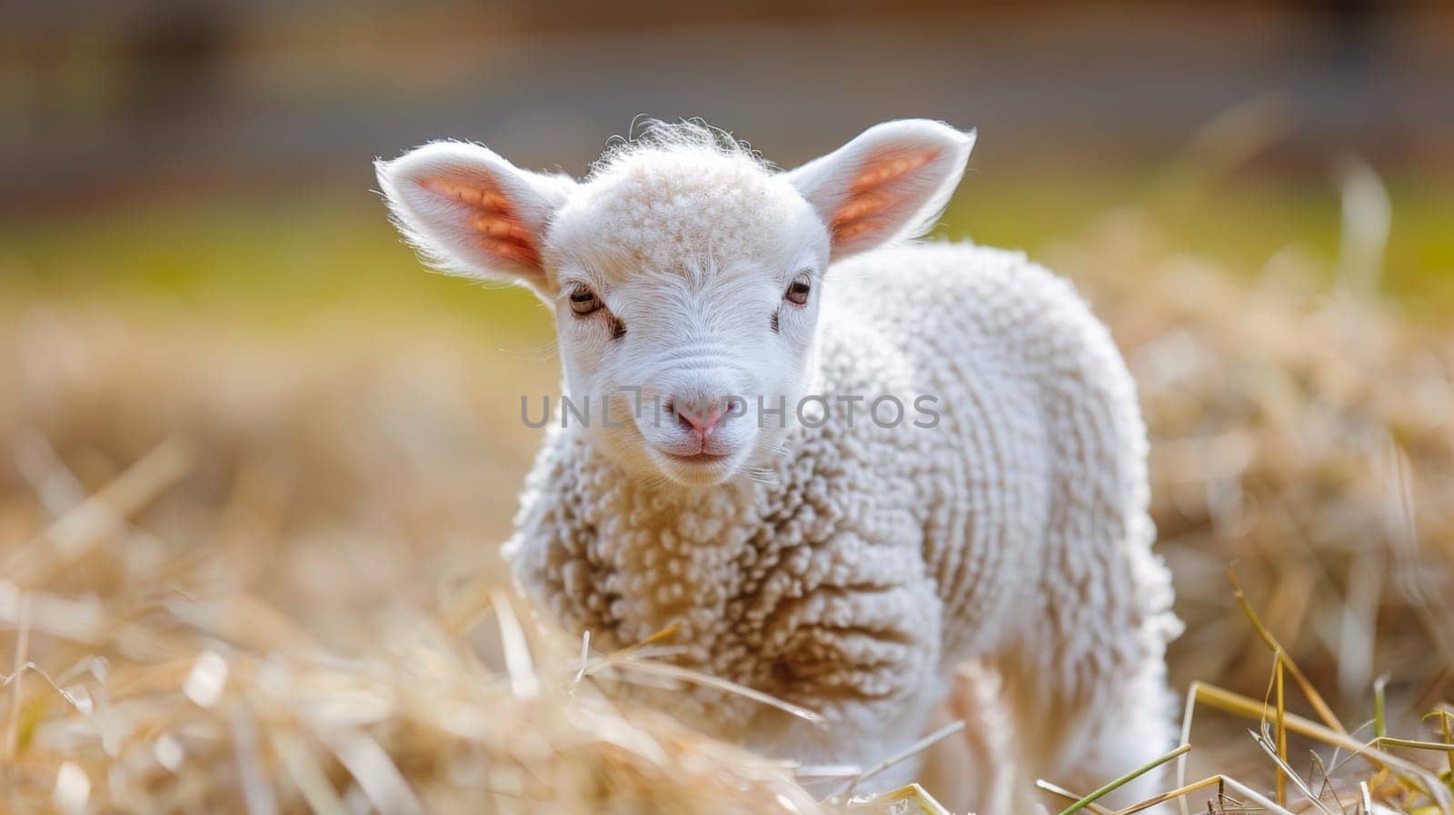 A baby lamb standing in a field of hay with grass