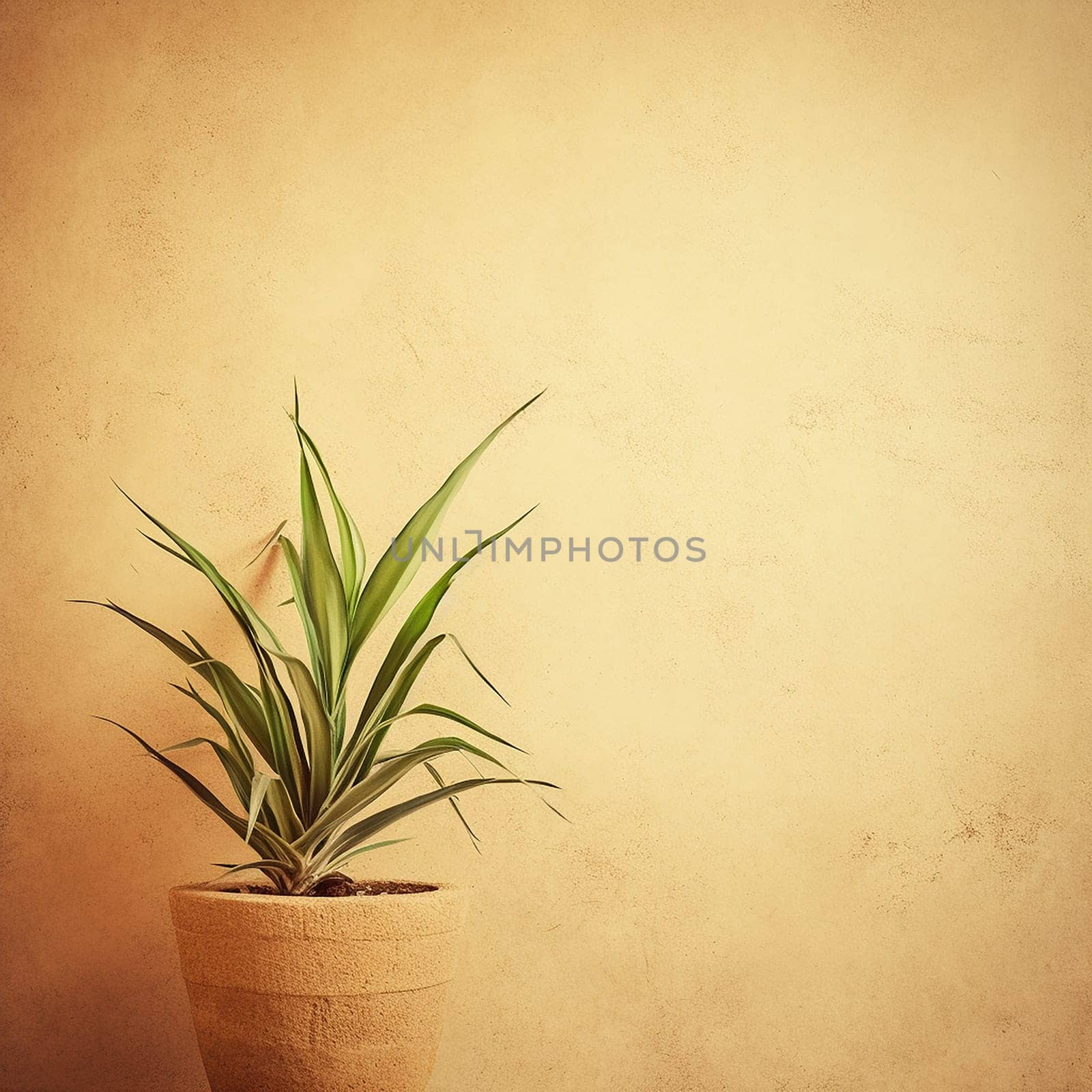 A potted plant against a textured beige wall.