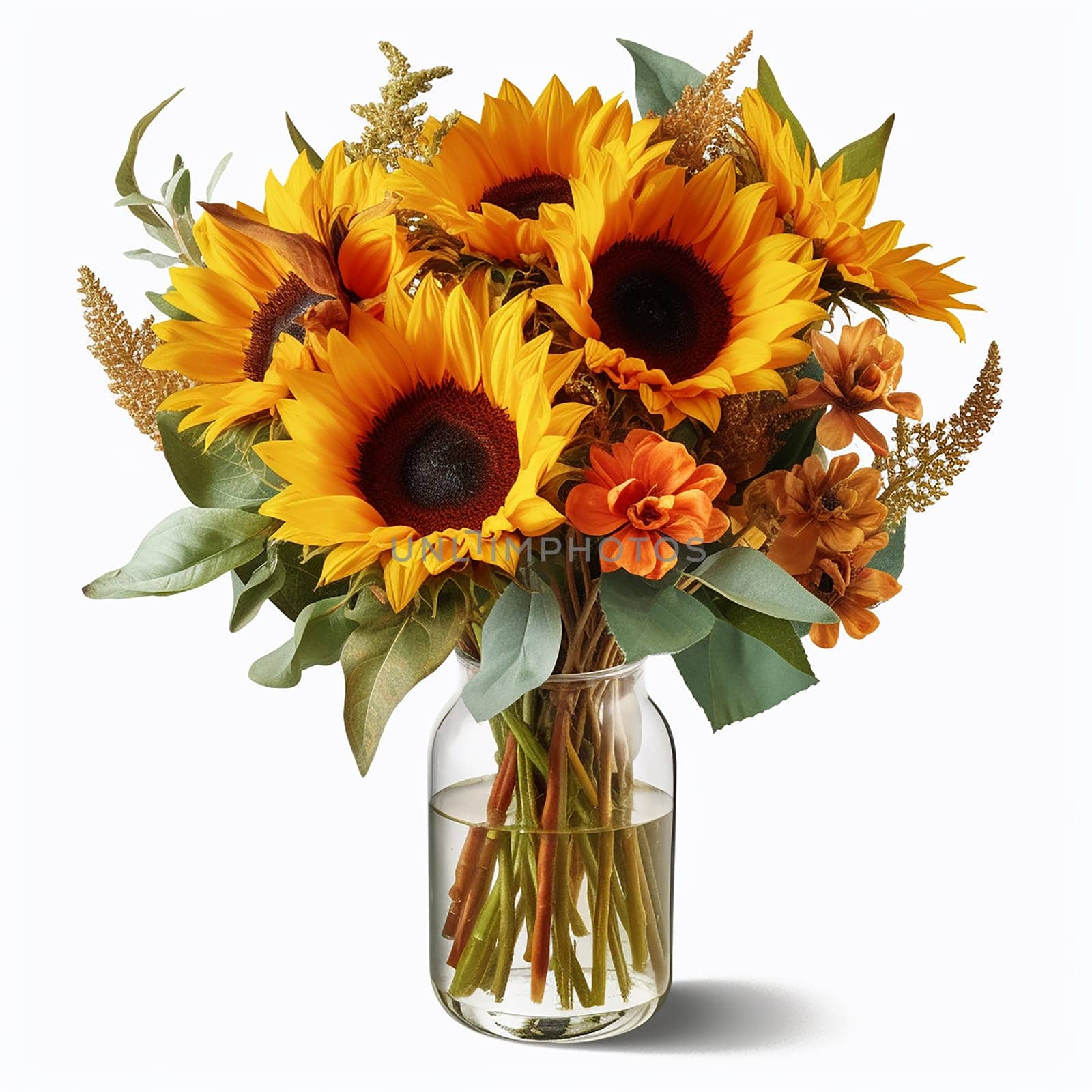 Bright sunflowers with orange blooms in a glass vase by Hype2art