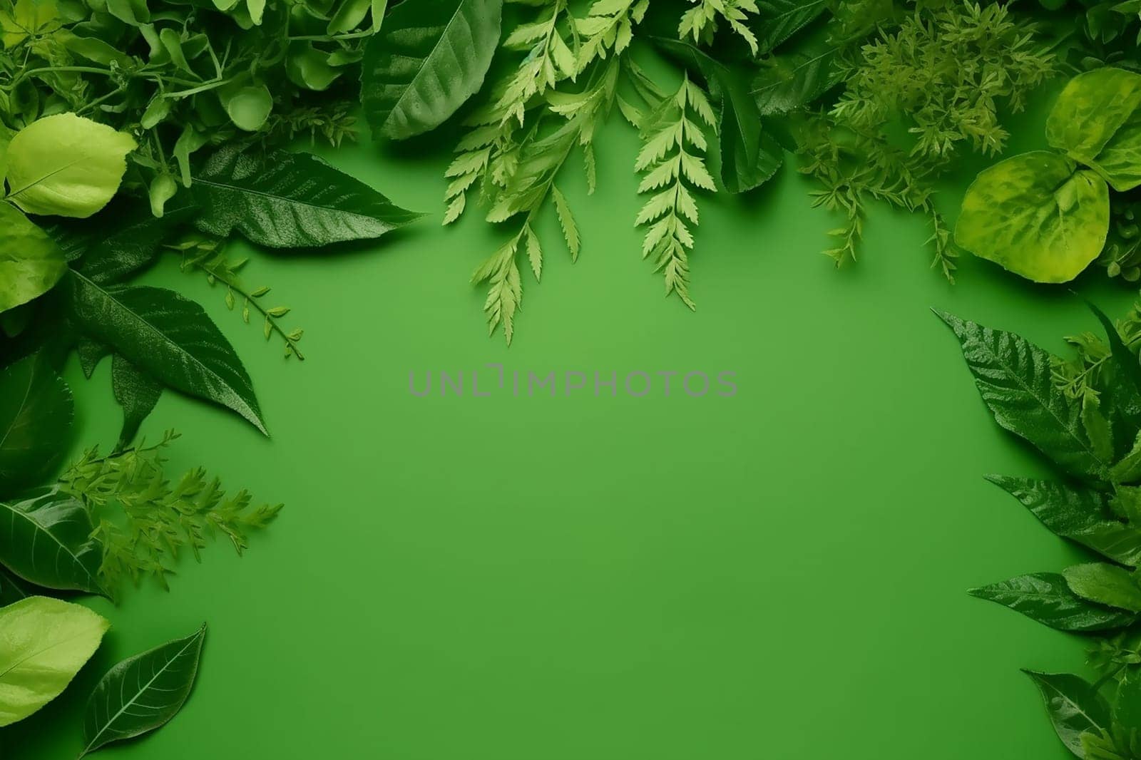 Lush green leaves set against a vibrant green background.