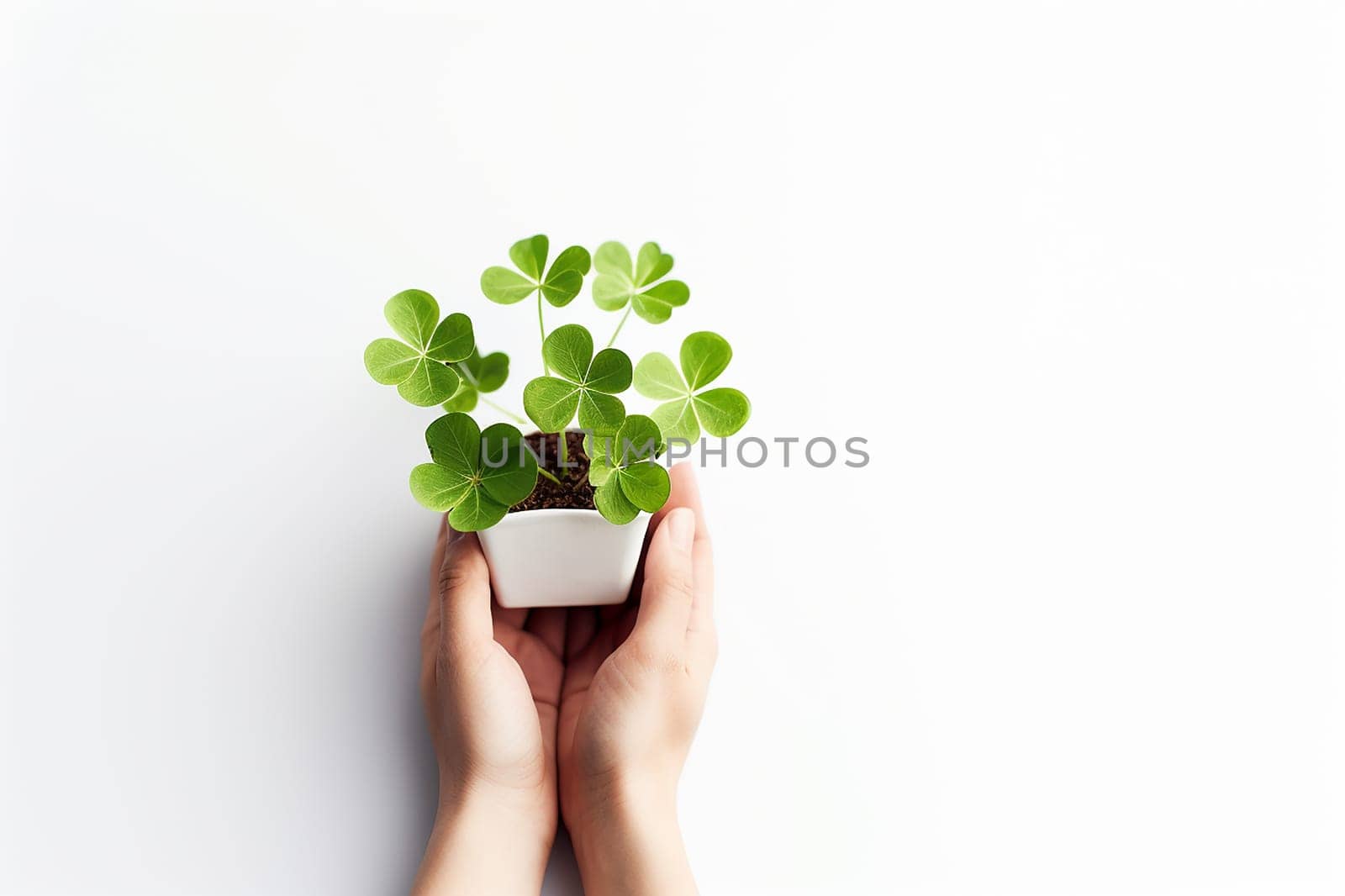 Hands holding a white pot with growing clover plants isolated on white background