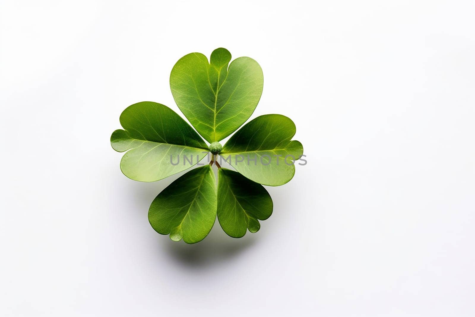 A photograph of a green clover with four leaves isolated on a white background.