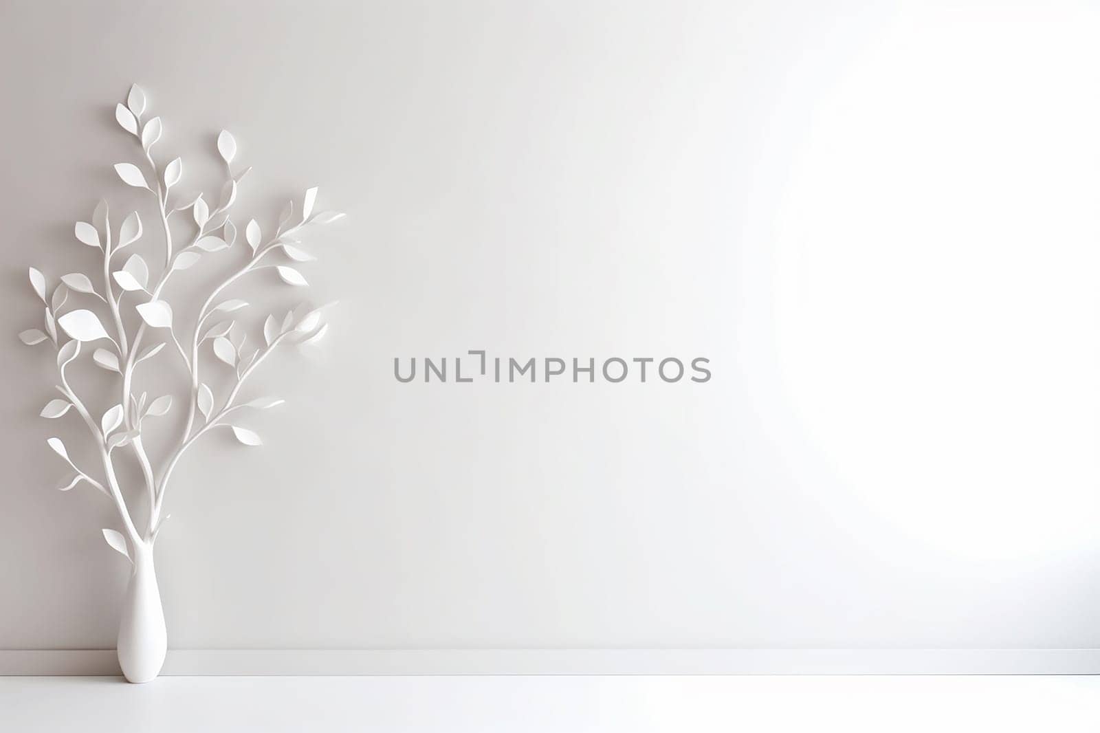 Minimalist white space with a vase and decorative leaves.