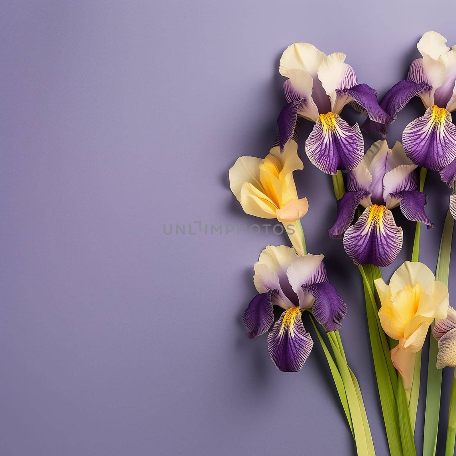 A collection of beautiful purple and yellow irises against a purple background. by Hype2art