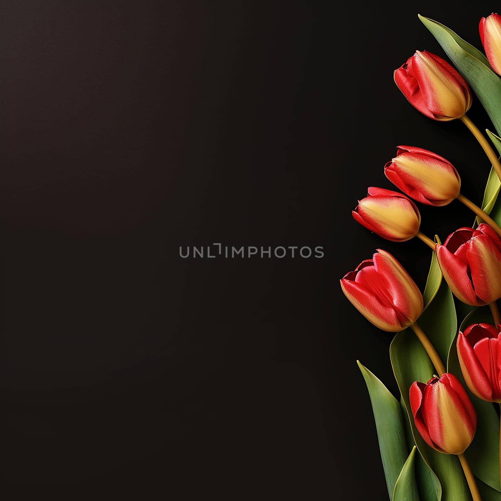 A bunch of red and yellow tulips against a dark background