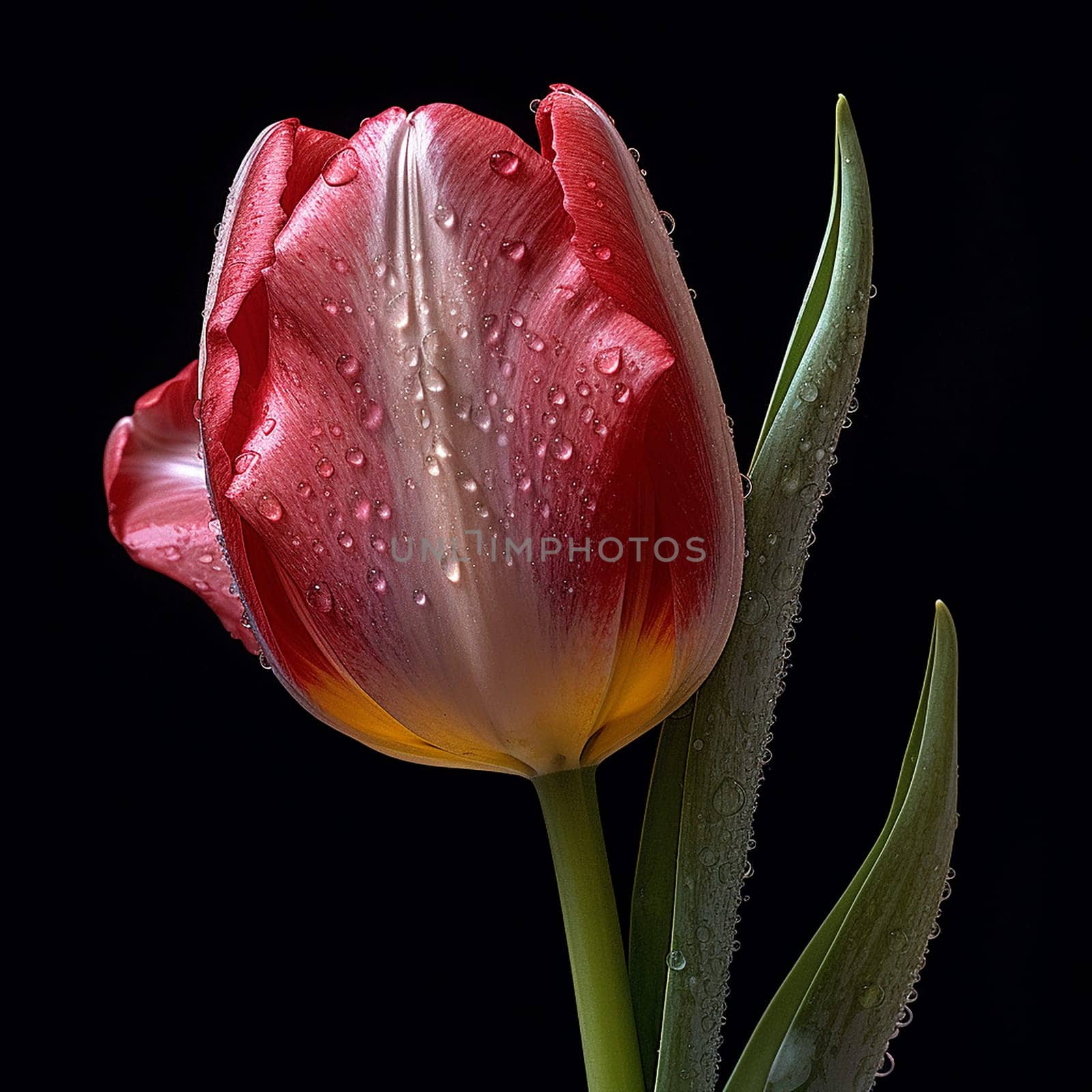Close up of a red tulip with water droplets against a dark background by Hype2art