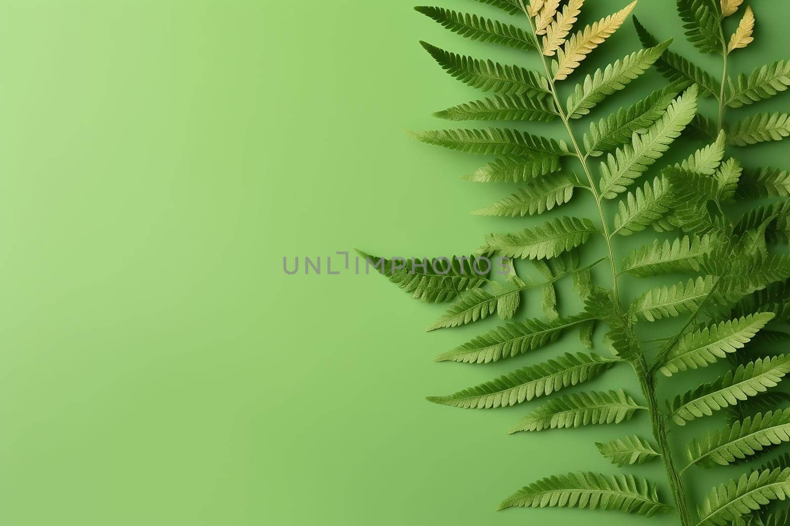 Lush green fern leaves against a solid green backdrop.
